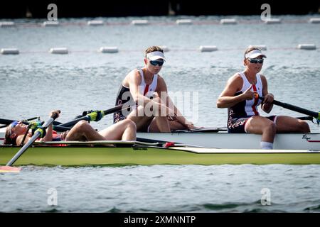 Vaires Sur Marne, Frankrig. 29th July, 2024. Fie Udby Erichsen and Laerke Rasmussen from Denmark during the repechage in double sculls without coxswain at Vaires-Sur-Marne Nautical Stadium during the Olympics in France, Monday, July 29, 2024. (Photo: Mads Claus Rasmussen/Ritzau Scanpix) Credit: Ritzau/Alamy Live News Stock Photo