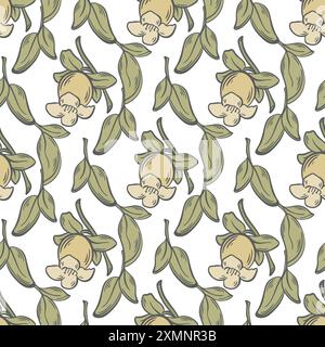 Persimmon blossom seamless pattern. Delicate persimmon flowers in green young foliage background. Floral botanical print for textile design, paper Stock Vector