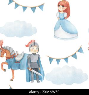 Seamless pattern with watercolor illustration of a garland of flags in blue and princess, horse, knight or prince in gray. Hand drawn. For decorating Stock Photo