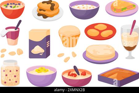 Oatmeal breakfast. Oat flakes box, porridge with berries and fruits. Plant milk pancakes muffin and pita with salmon. Healthy food neoteric vector set Stock Vector