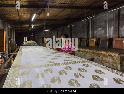 Bangladeshi woman working in a blockprinting factory, Rajshahi Division, Rajshahi, Bangladesh Stock Photo