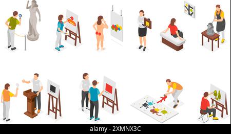 Isometric artists. Creative process, artist painting and show picture. Art gallery characters and elements, images and sculpture flawless vector set Stock Vector