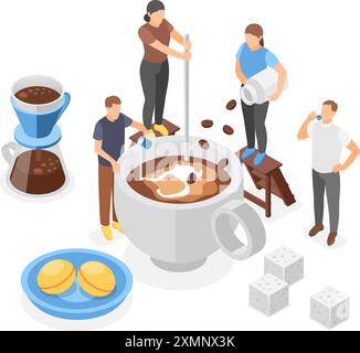 Isometric coffee break. Team doing cup of coffee, americano with cream or espresso, cappuccino latte. Energy breakfast drink, flawless vector concept Stock Vector