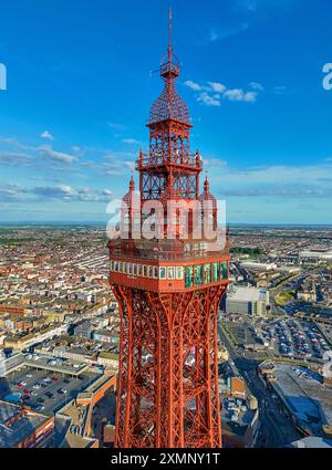 Aerial Image of Blackpool Tower along the Fylde Coast, Lancashire during a lovely Summer evening on the Sea front. 28th July 2024. Stock Photo