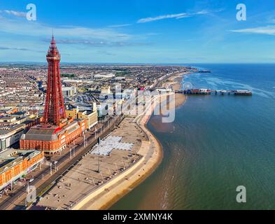 Aerial Image of Blackpool Tower along the Fylde Coast, Lancashire during a lovely Summer evening on the Sea front. 28th July 2024. Stock Photo