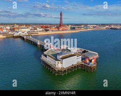 Aerial Image of Blackpool Tower along the Fylde Coast, Lancashire during a lovely Summer evening on the Sea front. 28th July 2024. Stock Photo