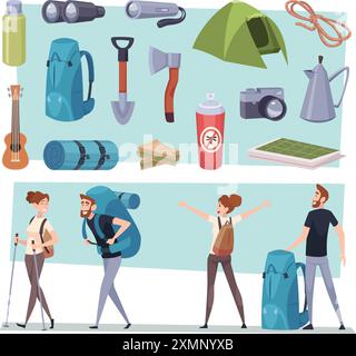 Mountain exploring. Outdoor climbing extreme tourists sport hiking exact vector cartoon illustrations Stock Vector