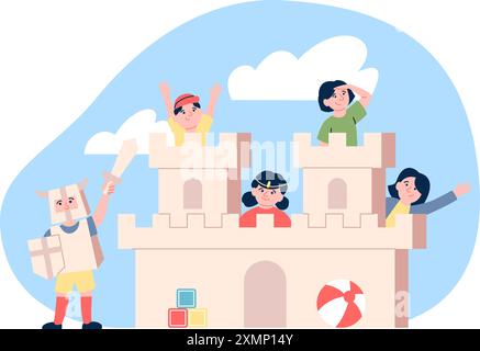 Kids in cardboard castle. Happy children play together and build tower. Save princess, knight with sword in paper costume. Gaming recent vector scene Stock Vector