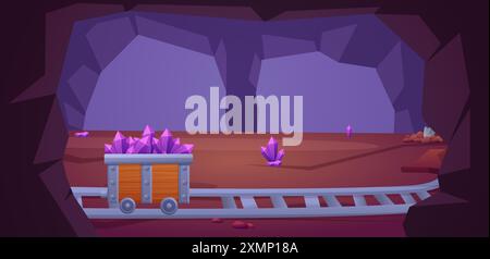 Mining cave with jewelry. Wooden trolley on rails, gem stones. Cartoon tunnel in mountain with crystals and nuggets, vector background Stock Vector