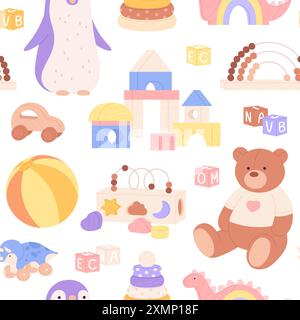 Kids toys seamless pattern. Childish design for fabric print or wrapping, wallpaper, nursery elements. Plush bear, car, wooden cubes, racy vector Stock Vector