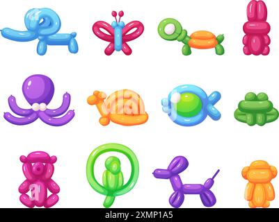 Cartoon balloon toys. Animal shapes from air balloons. Isolated elephant turtle rabbit fish octopus. Children party elements, nowaday vector clipart Stock Vector