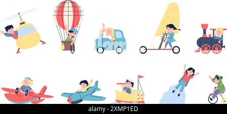 Cartoon kids riding and flying in transport. Children on plane hot air balloon ship helicopter car and train. Drivers and pilots recent vector Stock Vector