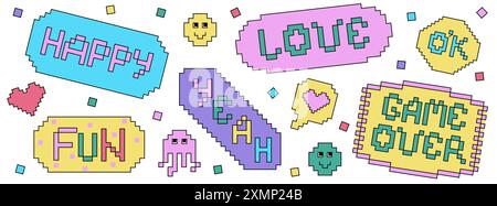 Pixel Y2k retro sticker pack. 90 trendy playful stickers and icons. 8-bit aesthetics vector illustration. Simple geometric form. Funny colored badge isolated on white. Stock Vector