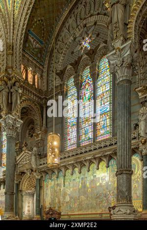 Stained Glass Windows in Basilique Notre-Dame, Lyon, Rhone, France Stock Photo