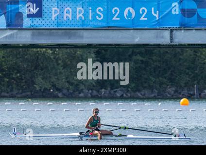 Vaires Sur Marne. 29th July, 2024. Nihed Benchadli of Algeria reacts after the women's single sculls semifinal of rowing at the Paris 2024 Olympic Games in Vaires-sur-Marne, France, on July 29, 2024. Credit: Sun Fei/Xinhua/Alamy Live News Stock Photo