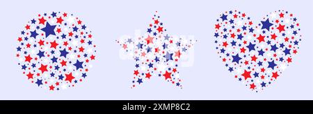 Visually striking design with red, white and electric blue stars forming geometric circle, star and heart shapes creating a bold and patriotic pattern Stock Vector
