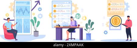 People trade cryptocurrency. Crypto currency exchange or coin investment, virtual money mining financial market online business trading in cyberspace concept vector illustration authors graphics Stock Vector