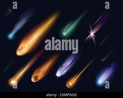 Realistic meteors. 3d falling asteroids isolated meteoroid flying in universe, fire comet fantasy colorful asteroid shower space object rocket explosion, exact vector illustration authors graphics Stock Vector