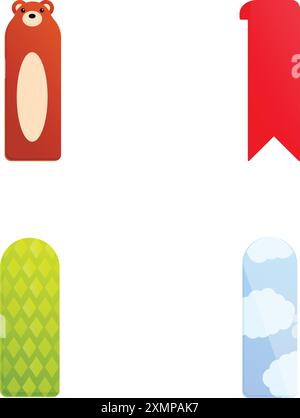 Various bookmark icons set cartoon vector. Colorful decorative paper book mark. Stationery Stock Vector