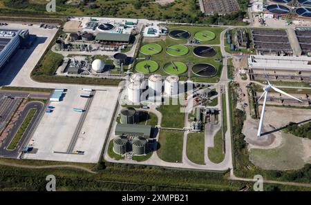 Aerial view of water treatment works creating patterns in the landscape ...
