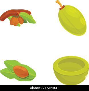 Shea tree icons set cartoon vector. Green shea nut and leaf. Cosmetic ingredient Stock Vector