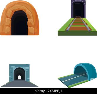 Various tunnel icons set cartoon vector. Interior of walkway tunnel road. Infrastructure concept Stock Vector