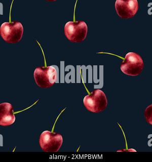 Seamless pattern with sweet ripe cherry. Hand painting red macro watercolor illustration isolated on background. For designers, menu, shop, decoration Stock Photo