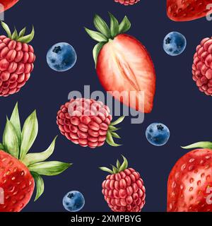 Seamless pattern with strawberry, raspberry and blueberry. Hand painting sweet watercolor illustration isolated on background. For designers, menu, sh Stock Photo