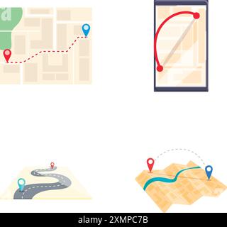 Gps smartphone icons set cartoon vector. Various navigation map on device screen. Mobile gps service Stock Vector