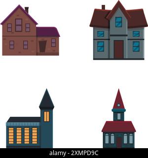 Old building icons set cartoon vector. Various dwelling in bad condition. Architecture theme Stock Vector