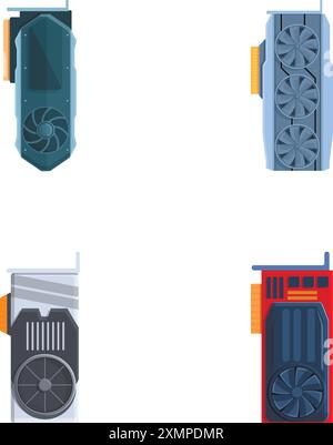 Computer part icons set cartoon vector. Computer graphic card with cooling fan. Personal computer component Stock Vector