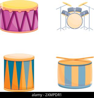 Percussion tool icons set cartoon vector. Drum of different style and color. Percussion musical instrument Stock Vector