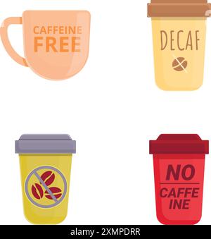 No caffeine icons set cartoon vector. Various cup of decaf coffee. Decaffeinated drink Stock Vector