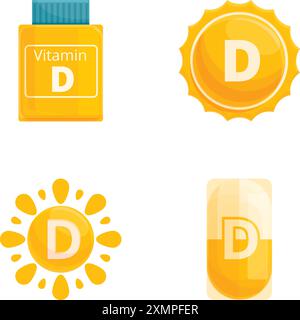 Sunshine vitamin icons set cartoon vector. Shining sun and food supplement. Healthcare concept Stock Vector