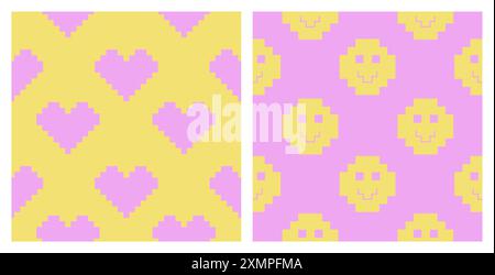 Pixel Y2k retro seamless pattern set. 90s trendy playful art. Hearts, smile in yellow and pink colours. 8bit aesthetics vector illustration. Naive Simple geometric form. Funny colored vector illustration. Stock Vector