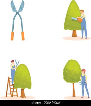 Pruning work icons set cartoon vector. Professional gardener with various tool. Garden service Stock Vector