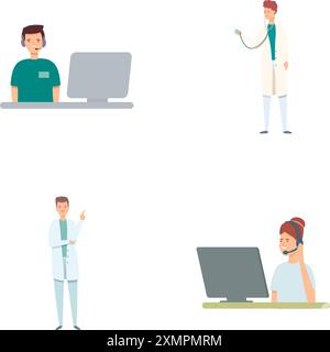 Online doctor icons set cartoon vector. Doctor giving online consultation. Medical innovative technology Stock Vector