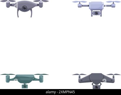 Air drone icons set cartoon vector. Various drone with integrated camera. Aerial videography Stock Vector