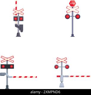 Railway crossing icons set cartoon vector. Railroad signal. Alert train ...