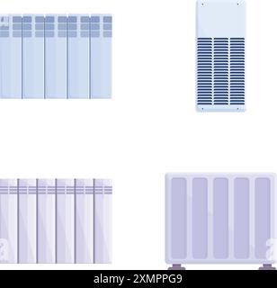 Space heater icons set cartoon vector. Equipment for providing heat at home. Heating device Stock Vector
