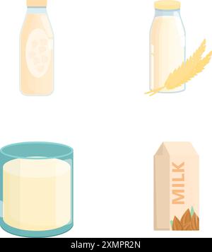 Alternative milk icons set cartoon vector. Vegan milk in carton box and glass. Lactose free drink Stock Vector