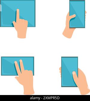 Scrolling screen icons set cartoon vector. Hand gesture on touch digital device. Modern technology Stock Vector