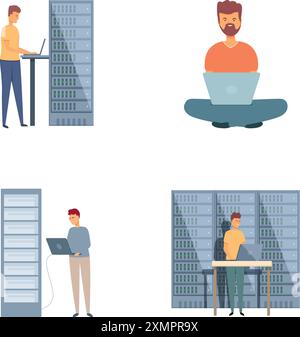 It administrator icons set cartoon vector. Sysadmin adjusting network connection. Service maintenance Stock Vector