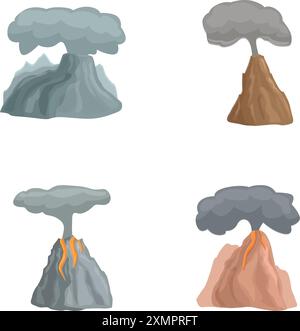 Smoking volcano icons set cartoon vector. Volcanic eruption with burning lava. Natural disaster Stock Vector