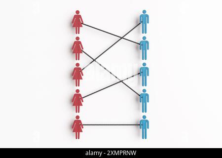 Red female and blue male wooden boards linking to opposite genders by black strings on white background. Couple matching and dating apps and services Stock Photo