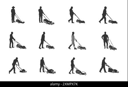 Man pushing lawn mower silhouette, Man mowing lawn silhouette, Lawn mowing silhouette Stock Vector