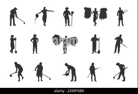 Farmer silhouettes, Agriculture farmer silhouette, Farming silhouette Stock Vector