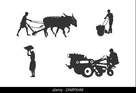 Farmer with vehicle silhouettes, Agriculture farmer silhouette Stock Vector