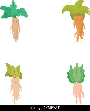 Collection of four adorable root vegetable mascots with expressive faces, isolated on a white background Stock Vector
