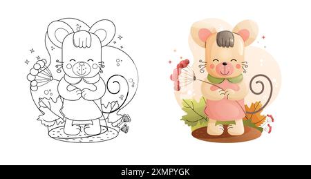 Cute Mouse Coloring Page Black and White and Colored Versions. Childrens animals set.  Stock Vector